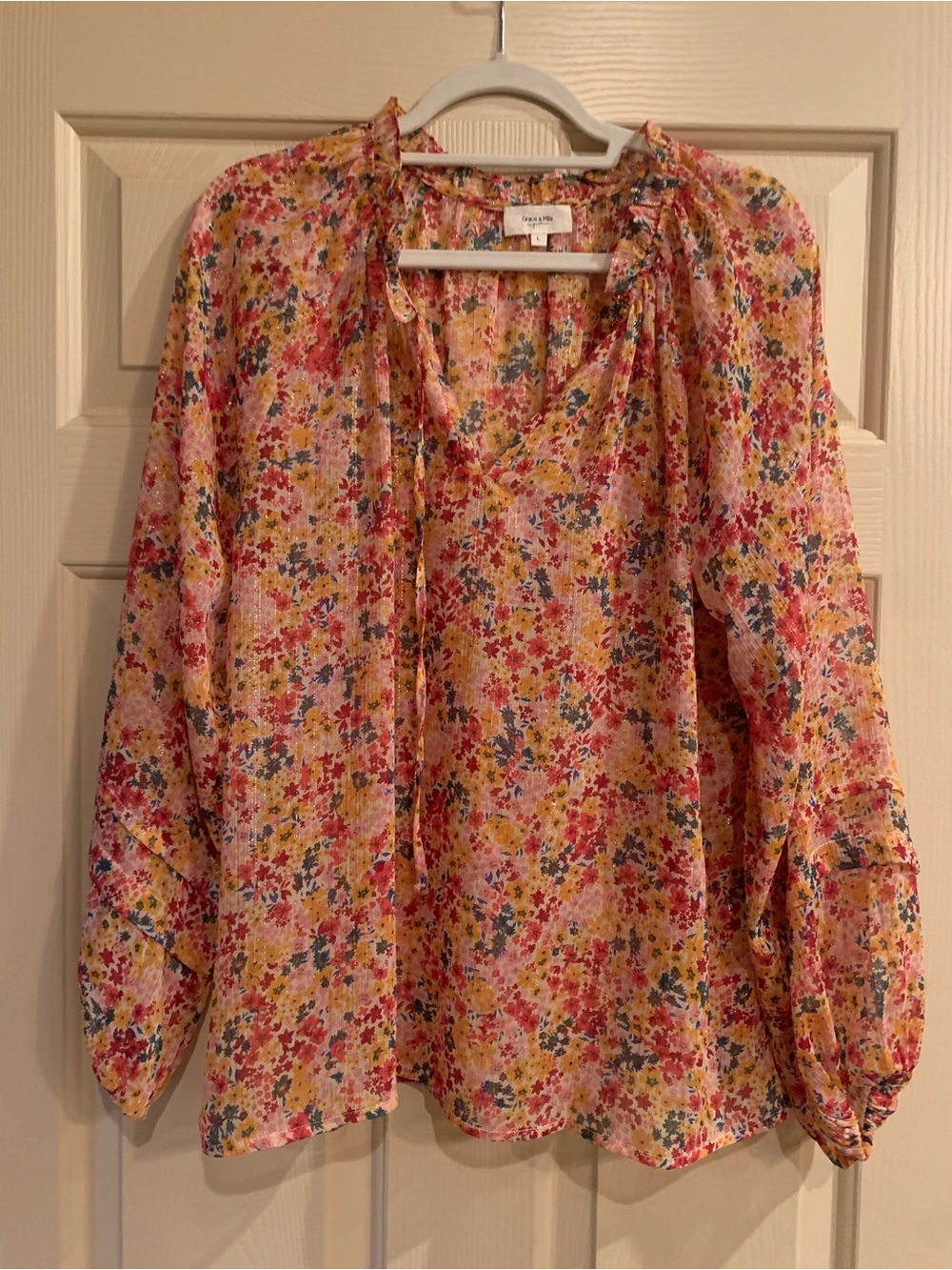 Floral Tie-Neck Blouse in Pink & Yellow